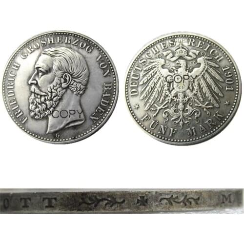 1901 GERMAN STATES BADEN - 5 mark Silver Plated Copy coin