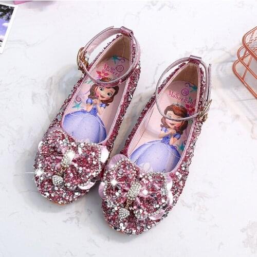 Princess Kids Leather Shoes for Girls Flower Casual sandals Glitter Children Big Girls Shoes Butterfly Knot Blue Pink Silver A89