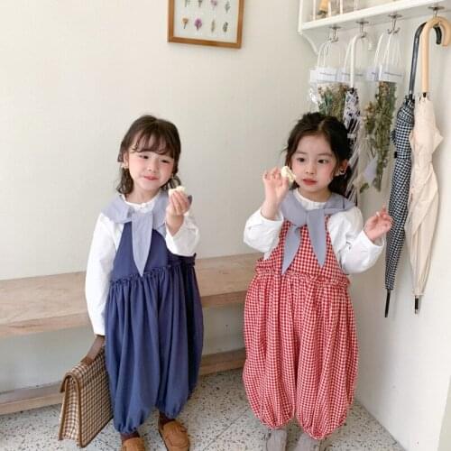 Korean style 2021 Spring Summer boys and girls pure cotton oversized overalls Children plaid loose suspender pants