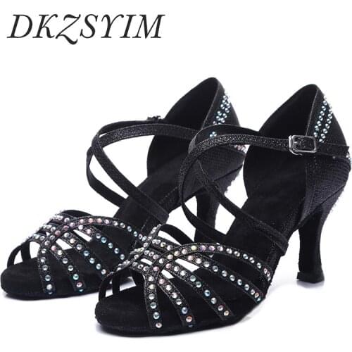 DKZSYIM Women Latin Dance Shoes Rhinestone Multiple Colors Ballroom Dancing Shoes Soft Soles Salsa Tango Dance Sandals High Heel