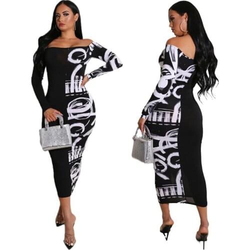 Women Abstract Letter Printed Casual Maxi Dress Off Shoulder Bodycon Long Party Dress Classy Church Dress
