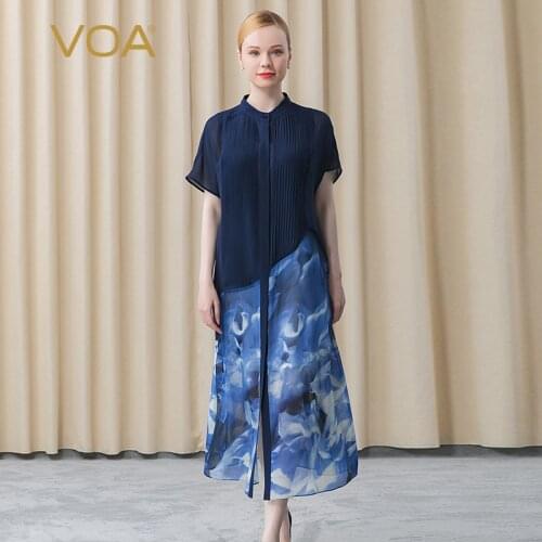 VOA Silk Georgette Printed Elegant Fake Two-piece Stand Collar Single-row Hidden Button Fold Shoulder Short Sleeve Dress AE636