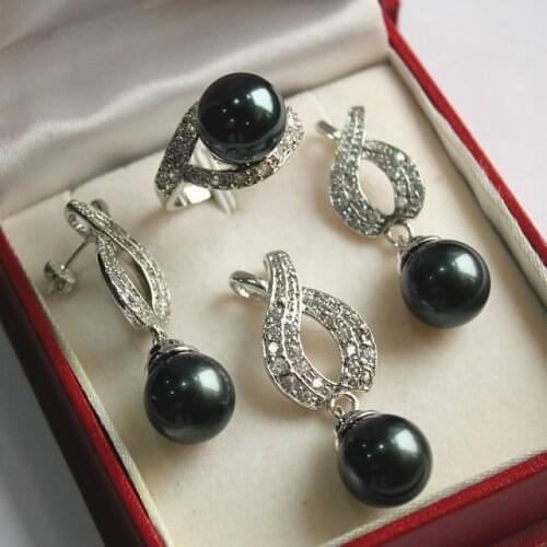 Hot nice new jewelry plated + 12mm black shell pearl pendant, earring ring set