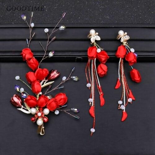 Classic Red Rose Flower Bridal Jewelry Pearls & Crystal Hair Pins & Tassel Earrings For Women Bridal Wedding Hair Accessories