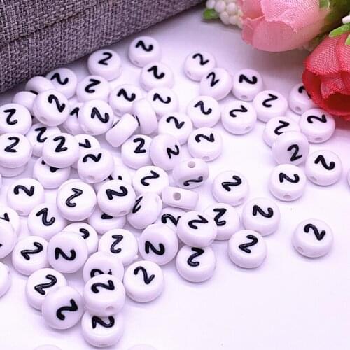 100pcs/lot 7x4mm "2" White Round Numbers Acrylic Loose Spacer Beads for Jewelry Making DIY Bracelet Accessories