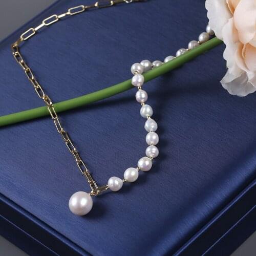 Fashion Style Genuine Baroque Pearl with Gold Color Chain New Match Necklace , ZNE066
