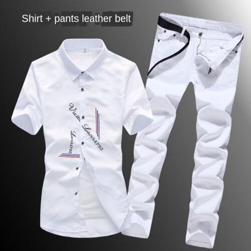 Summer Mens Cotton Short Sleeve Shirt Long Jeans Pants Two Pieces Set Casual Slim Fit Letters Pattern Shirt Trousers With Belt