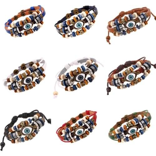 Braided Wrap Multilayer Genuine Leather Bracelets for Men Women Vintage Eye Rudder Charm Wood Beads Ethnic Tribal Wristbands