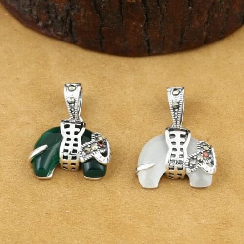 925 Sterling Silver Jewelry Retro Thai Silver Men And Women Couple Models Elephant Marcasite Inlaid Green Agate Elephant Pendant