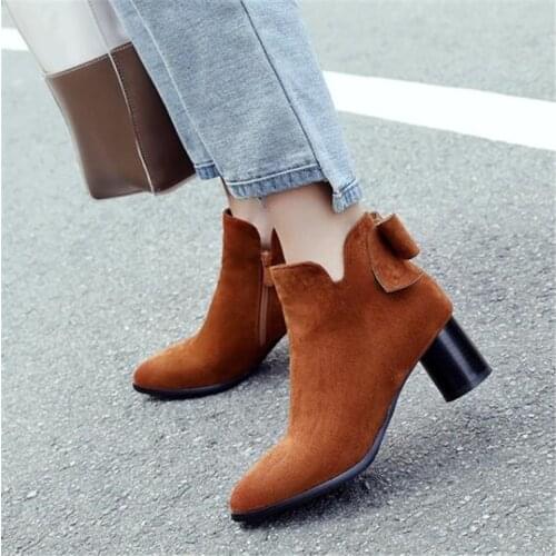 PXELENA Hot Elegant Round High Heels Ankle Boots Women Butterfly-knot Flock Dress Party Office Date Short Boots Lady Shoes 34-43