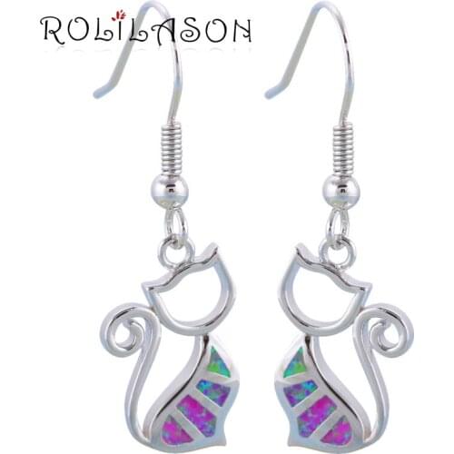 ROLILASON Black Friday Beautiful Cat Design Pink Fire Opal 925 Silver Fashion Jewelry Drop Earrings for Ladies OES628