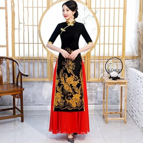 S-5XL Women Long Cheongsam Velour Traditional Chinese Evening Qipao Oriental Female Stage Show Party Dress Gown Vestido