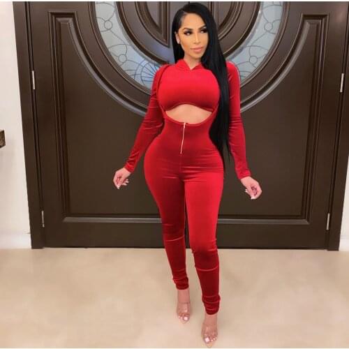 Sexy Velvet Two Piece Set Long Sleeve Hoodies Crop Top Bodycon Overalls Women Fashion Clothing Streetwear Club Outfits