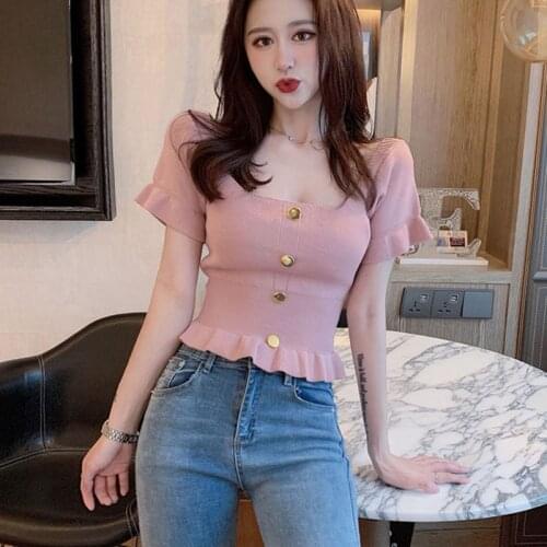 Shintimes 2020 Summer Short Sleeve Women Sweater Knitted Crop Tops Slim Sexy Korean Fashion Button Pullovers Chompas Para Mujer