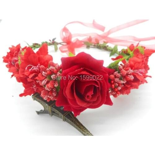 Wedding Queen Rose Hydrangea Floral Crown Shabby Chic Medieval Headdress Red Flower Headband Eoodland Wedding Hair Accessories