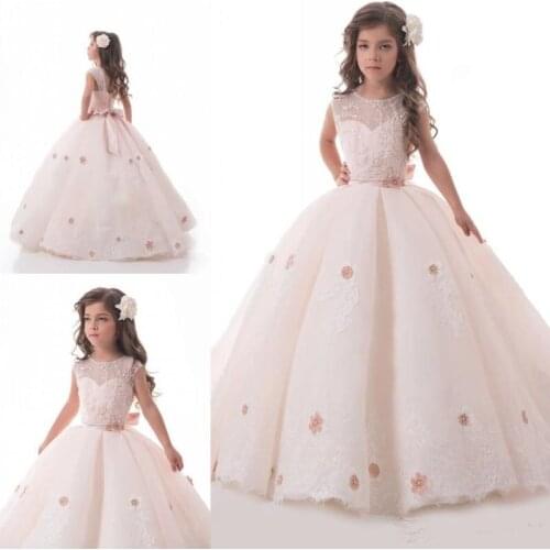 Light Blush Pink Flower Girl Dresses For Weddings Lace Applique Kids Ball Gown Girl Sweep Train First Communion Dress