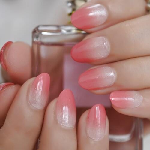 Light Red Oval Short Designer Press On Nails Pearl Shimmer Peach Girl False Nail Gradient French Adhesive 24pcs