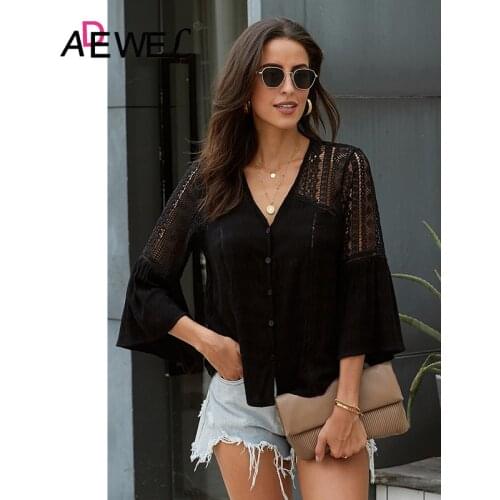 ADEWEL Black WThe Du Jour Crochet Women T Shirt Poleras Mujer De Moda 2019 Camiseta Mujer V Neck Hollow Out Clothes 2XL