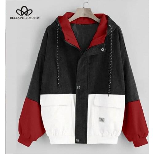 Bella Philosophy Long Sleeve Corduroy Women jacket Spring women Jacket plus size women Zipper female coat color block Patchwork