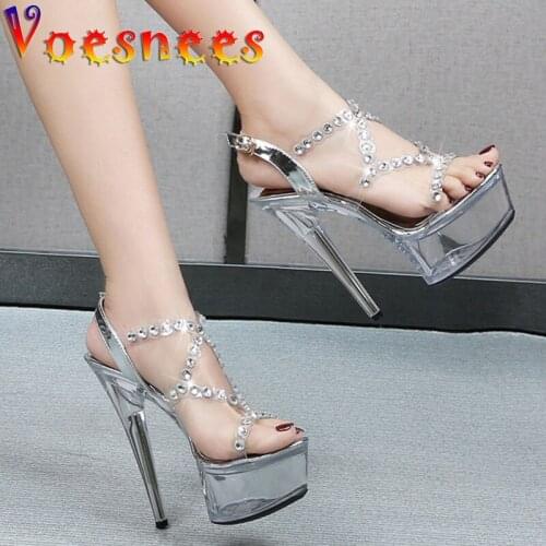 Voesnees Summer New Diamond Transparent Buckle Strap Women Sandals 2021 New Platform Steel Pipe Dance High Heel Party Shoes