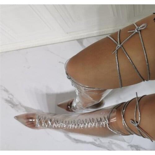 Sliver Cross Lace Up Transparent PVC Pointed Toe Knee High Boots Woman Sexy Stiletto Heels High Top Long Botas Shoes Big Size 47