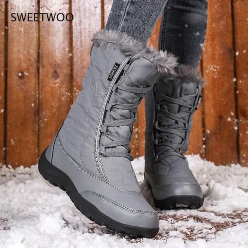 Snow Boots Women New Winter Warm Plush Booties Mid-Calf Waterproof Ladies Shoes Round Toe Platform