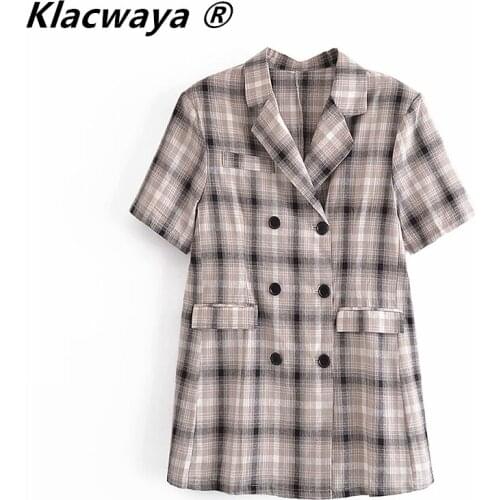 Klacwaya Women 2021 Vintage Plaid Suit Blazer Summer Double-Breasted Short Sleeve Blazers Fashion Office Lady Coat Tops