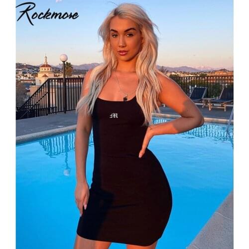 Rockmore Sexy Bodycon Spaghetti Strap Dresses Women Letter Embroidery Sleeveless Slim Mini Dress Summer Party Female Streetwear