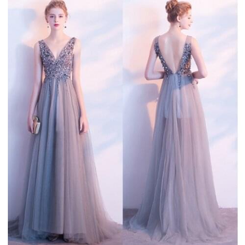 2021 Sexy Elegant Beading Sleeveless Deep V-Neck Backless A-Line Evening Dress Party Dress Performance Evening Dress Girl