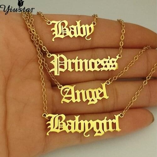 Gold Fashion Punk Stainless Steel Girl Letter Necklace Gothic Punk Old English Necklaces Pendants Angel Babygirl Princess Choker