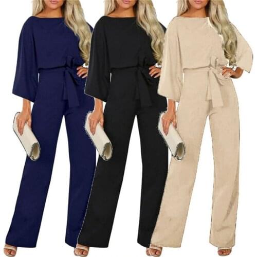 2020 New Autumn Spring Casual Bandage High Waist Jumpsuit Womens Knotted Long Sleeve Jumpsuit Wide Leg Pants Playsuit