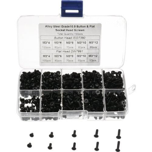 720pcs Alloy Steel M3 Button Flat Socket Head Screws Set Hex Socket Cap Screw Bolt for RC Repairing Soldering Part