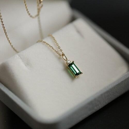CCFJOYAS 925 Sterling Silver 14K Gold Plated Emerald Green Mini Rectangle Zircon Necklace Female Korean Style Pendant Necklace