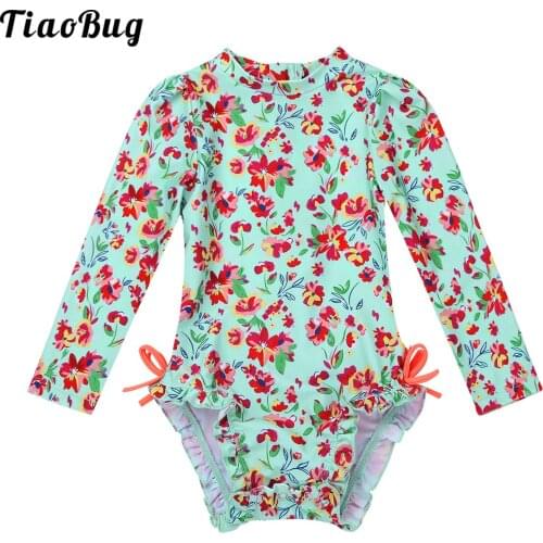 0-24M Infant Baby Girls One-Piece Bodysuit O-Neck Full Sleeves Floral Printed Back Zipper Swimsuit Swimwear Bathing Suit