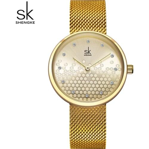 Shengke Women Watches Cellular Dial Design Reloj Mujer Ladies Wristwatch Ultra-thin Stainless Steel Strap Quartz Montre Femme