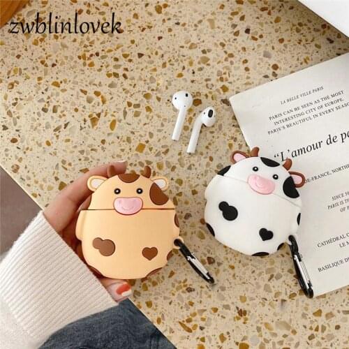 For airpods 2 case cute cartoon 3d milk cow headphone case for apple airpods soft silicone protect cover funda with hook keyring