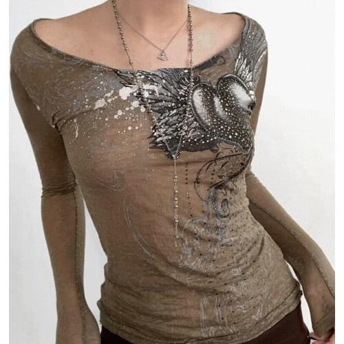 Puloru Y2K Grunge Punk Graphic T-Shirts Autumn Casual Women Long Sleeve Basic Tee Vintage Rhinestone Angel Wing Love Print Tops