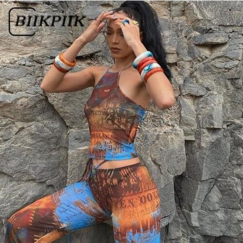 BIIKPIIK Women Print 2 Piece Sets O-Neck Skinny Hollow out Clubwear Casual Lounge Wear Female Y2k Suits Vintage Fashion Outiftis