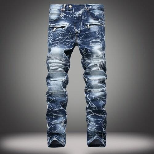 Mens Blue Jeans Pants Washed Denim Pencil Pants Straight Motor Biker Trousers J46