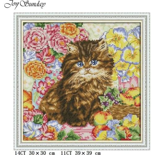 Joy Sunday Cross Stitch Cat Flower Beautiful Cross Stitch Embroidery Kits 14CT 11CT Cotton Thread Painting Cartoon Cross Stitch