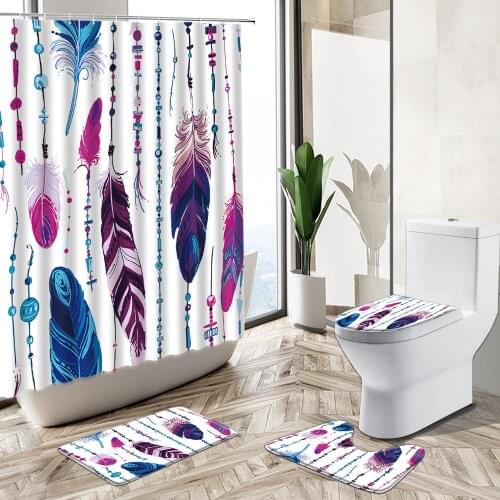 Hand-Painted Colorful Feather Shower Curtain Set Bohemian Tribal Culture Art Home Decor Bath Mat Toilet Cover Bathroom Carpet