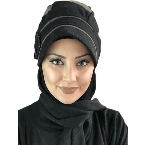 Yeni Moda 2021 Hijab Kadın Müslüman Başörtüsü Şal İslami Kıyafet Eşarp Fular Bone Siyah Çarkıfelek Atkı Yeşil Şerit Tokalı Şapka