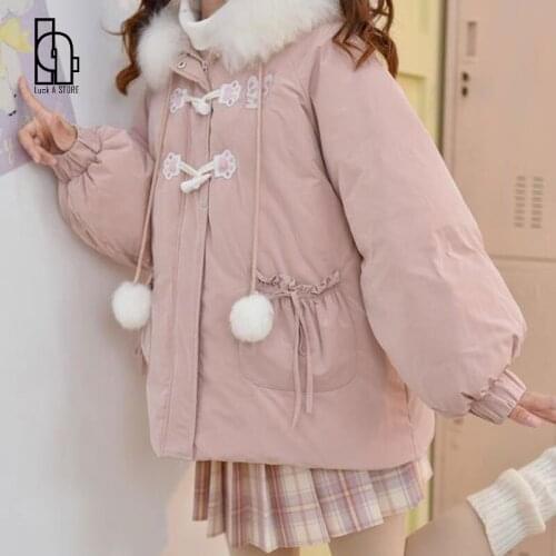 Luck A Japanese Girl Cute Horn Button Cartoon Parkas Women Thick Students Coat Sweet Hooded Parka Pink Fur Collar Outerwears