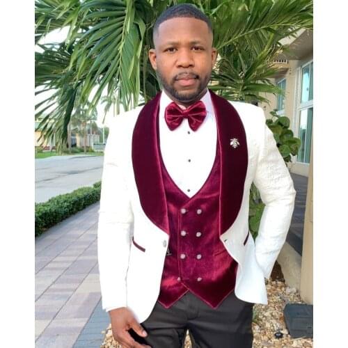 Jacket+Pants+Vest) Luxury White Party Clothing Male Suit Velvet Shawl Lapel Tuxedo Wedding Man Blazer 3 Piece Custom Made