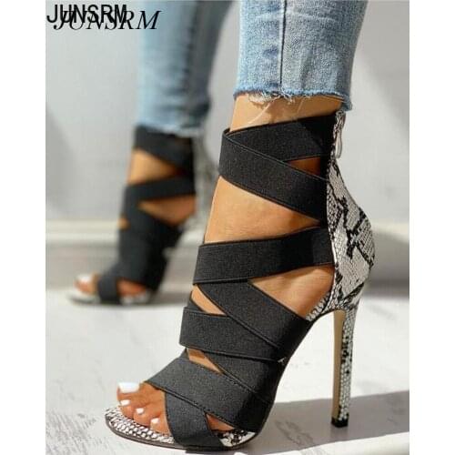 Sandalias Mujer 2021 Womens Ladies Pumps Fashion Bandage Patchwork Mixed Colors Snake High Heels Sandals Casual Shoes