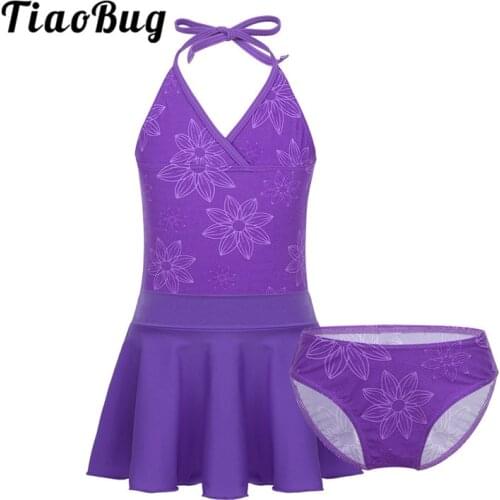 TiaoBug Kids Teens Purple Halter Tankini Girls Tops with Swim Briefs Skirt Swimwear Swimsuit Child Beach Bathing Suit Bikini Set
