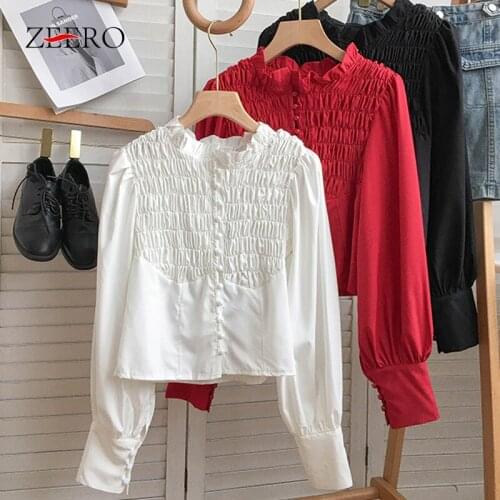 Women Lantern Long Sleeve Ruffle Stand-up Collar Single-breasted Top Female Vintage Folds Blouses Shirts Court Style Shirt 2021