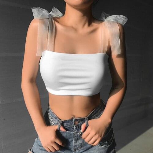 Street Womens Summer Camis T-Shirt Solid Color Sling Mesh Bow Round Neck Slim Casual Sports Top Joker Short Sleeve Crop Top