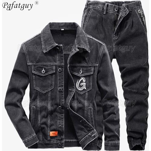 Vintage Men Sets Cotton Solid Color Long Sleeve Denim Jacket and Jeans Casual Letter Embroidery Mens Suits 2 Pieces Size M-4XL