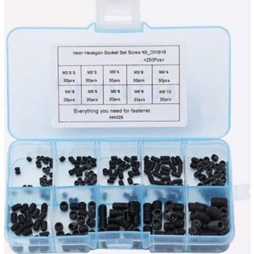 250Pcs/set M2.5 M3 M4 M5 M6 DIN916 Mix Black Carbon Steel Metric Thread Grub Screws Inner Hexagon Socket Set Screw Kit